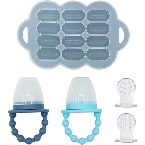 WeeSprout Silicone Baby Food Feeders + Freezer Tray for Batch Prep, Set of 2, Introduce New Foods Safely, Double as Teething Toys, Includes 2 Extra Pouches & Travel Lids, Dishwasher Safe