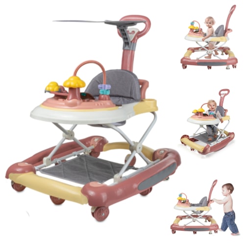 Hurber Safety Foldable 4-in-1 Baby Walker, Adjustable Height, Music Activity, Pink