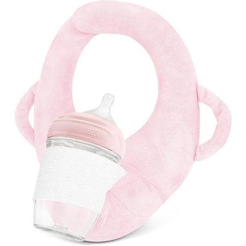 Bottle Holder for Baby Self Feeding, Bottle Propper for Baby, Portable Baby Bottle Holder Hands Free, Adjustable Breastfeeding Pillows Support for Newborns with Side Handles,Twin Baby Essentials(Pink)