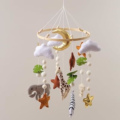 Baby Crib Mobile – Handmade Safari Baby Mobile with Giraffe, Elephant & Leopard, Mobile for Crib Nursery Mobiles with Beech Wood Ring, Felt Hanging Toy for Bassinet, Neutral Baby Room Decor
