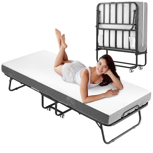 Lynxor Folding Bed with Foam Mattress, Single Rollaway Bed for Guests, Space Saving Portable Beds with Lockable Wheels, 5" Thick 75" x 31" Twin Size Metal Bed Frame, Easy Assembly & Moving