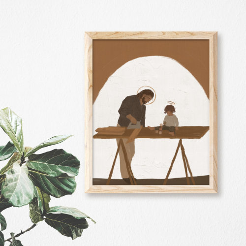 Saint Joseph and Baby Jesus Carpentry | Catholic Art Print
