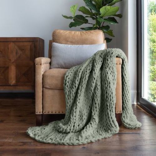 Chunky Knit Throw Blanket Braided, Soft & Cozy - Becky Cameron, Eucalyptus, Throw