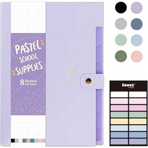 Sooez Aesthetic 8 Pocket Accordion File Organizer, Pastel Expanding File Folder for Important Document with Labels, Portable Receipt Paper Bill Organizer for Office School Supplies, Letter Size Purple