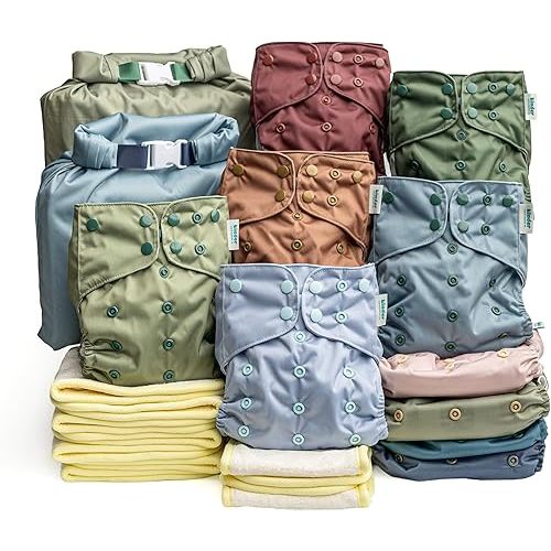 Kinder Cloth Diapers Reusable Baby Diapers Pocket Style Athletic Wicking Jersey, Bamboo Viscose Inserts, Wet Bag, Newborn to Potty Training 7-60lbs, One Size (Coastal Calm, 10 Pack, with Inserts)