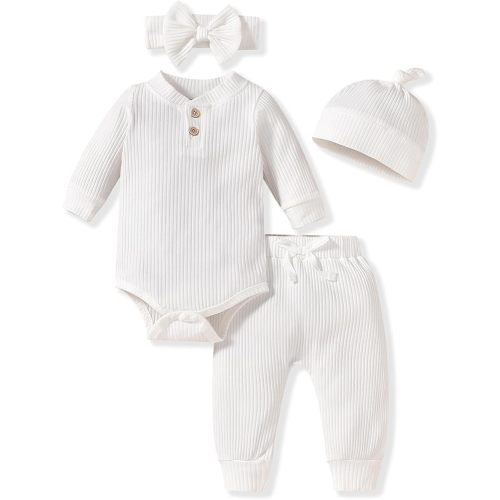 Aalizzwell Gender Neutral Long Sleeve Baby Ribbed Outfit with Hat & Headband