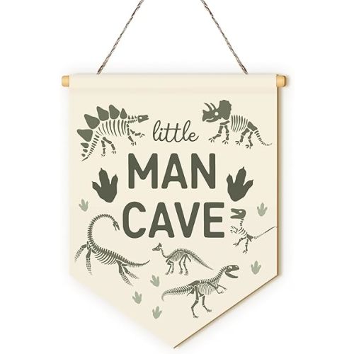 MOTERMATE Little Man Cave Nursery Sign Decor for Boys, Beige Dinosaur Dino Nursery Little Baby Boy Kids Toddler Room Front Door Wall Hanging Decor Decorations for Boys Bedroom Playroom, 8x10 Inch