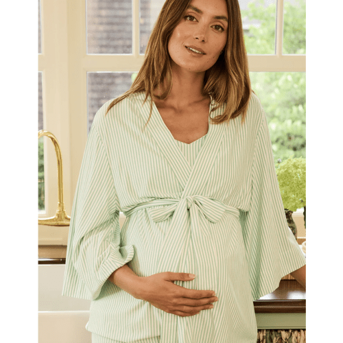 LAKE | Women | DreamModal Pajamas | Parisian Green Pencil Stripe Maternity Kimono Bundle