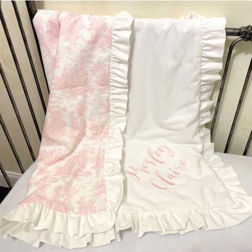 Pink Toile Baby Blanket, Baby Girl Blanket with Ruffle, Pink Toile, White Minky
