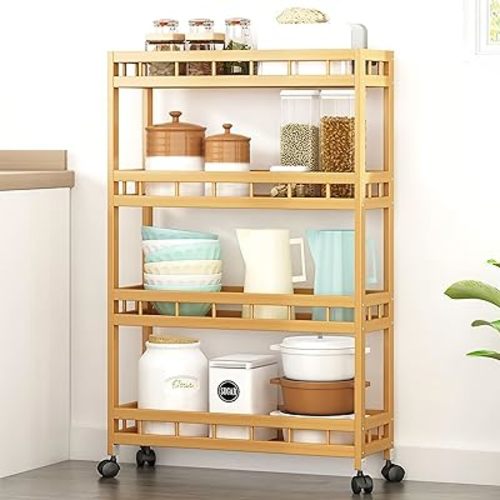 4-Tier Bamboo Kitchen Rolling Cart Removable Wood Trolley Island Cart, Utility Cart Multi-Layer Storage Shelf Rack on Wheels (23.6" L X 7.1" W X 37.8" H)