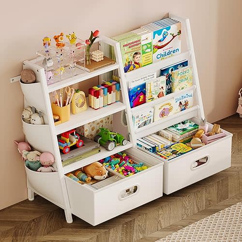 Homeiju Kids Bookshelf and Toy Storage Organizer, 3 Tier Kids Bookcase, Sling Bookshelf and 2 Toy Bins, Kids Book Shelf for Kids Rooms, White
