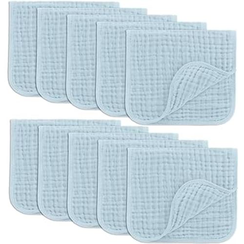 Comfy Cubs Muslin Burp Cloths Set Large 100% Cotton Hand Washcloths for Babies, Baby Essentials 6 Layers Extra Absorbent and Soft Boys & Girls Baby Bibs & Burp Cloths Set (Sky Blue, 10-Pack, 20" X10")
