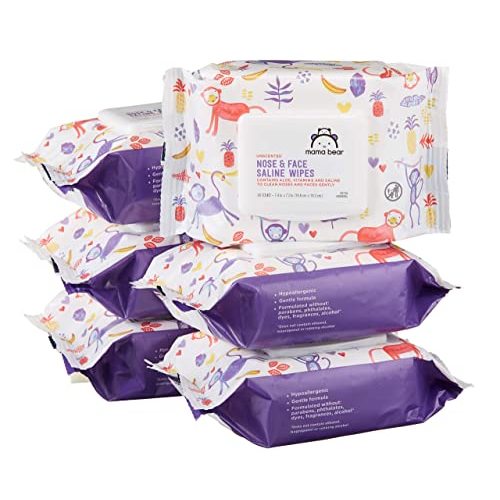 Amazon Brand - Mama Bear Saline Nose and Face Baby Wipes, Hypoallergenic, Unscented, 180 Count (6 Packs of 30)