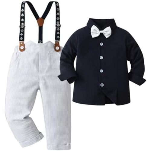 Boarnseorl Baby Boys Pants Sets,Toddler Gentleman Outfits, Infant Long Sleeve Shirt + Pants + Bow Tie + Suspenders