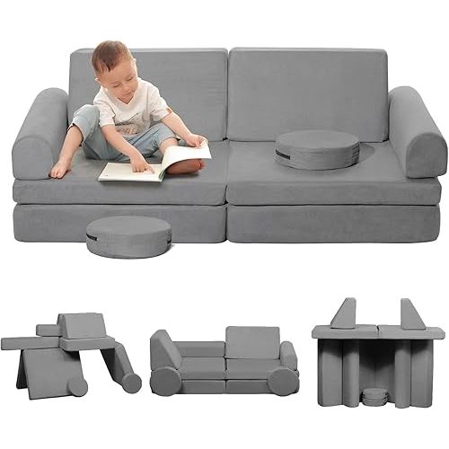 Kids Couch,8-Piece Toddler Play Couch,Floor Sofa Imaginative Furniture Play Set for Bedroom Playroom,Convertible Folding Kids Sofa for Creative Kids(Grey)