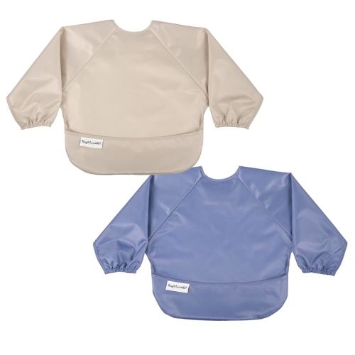 Tiny Twinkle Mess Proof Baby Bibs, 2pk Waterproof Smock Baby Bibs for Eating, Machine Washable Long Sleeve Bibs, Baby Led Weaning, Toddler Bibs, BLW Supplies (Periwinkle Putty, Small 6-24 Months)