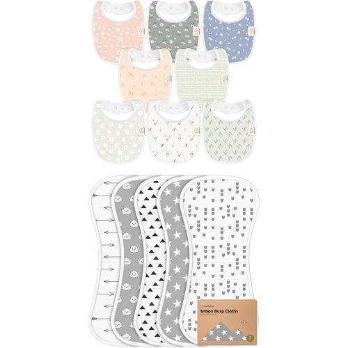 KeaBabies 8-Pack Baby Bibs for Girls & Boys and 5-Pack Burp Cloths for Baby Boys and Girls - Teething Baby Bibs for Boy, Girl - Ultra Absorbent Burping Cloth, Burp Clothes, Newborn Towel