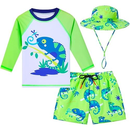 Toddlers and Baby Boys' 3-Piece Rash Guard Swimsuits Kids Long Sleeve Sunsuit Swimwear Sets