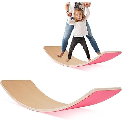 Balance Board, 32 Inch Wooden Wobble Board, Montessori Rocker Yoga Curvy Board Natural Wood, Open Ended Learning Toy, Sensory Play Equipment for Office & Classroom, Multiple Colors