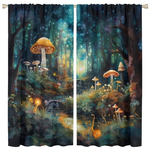 BATPLY Mysterious Mushroom Forest Curtains, Vintage Fairy Tale Magic Forest Watercolor Painting for Child, Blackout Rod Pocket Window Treatments for Living Room Bedroom Bathroom (42x84in) x2 Panels