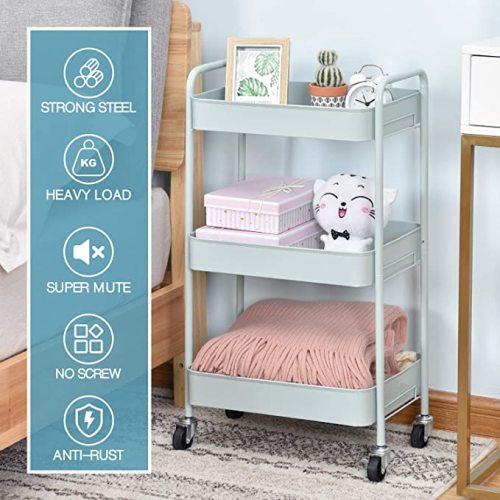 TOOLF 3-Tier Rolling Cart, Metal Utility Cart with Lockable Wheels, Storage Craft Art Cart Trolley Organizer Serving Cart Easy Assembly for Office, Bathroom, Kitchen, Kids' Room, Classroom (Green)