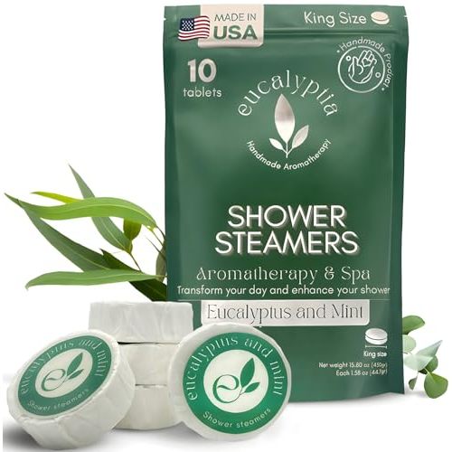 Eucalyptia - Mint Eucalyptus Shower Steamers – 10 Pack Aromatherapy Tablets for Relaxation, Stress Relief, Handmade Natural Essential Oils, Spa Shower Tablets, Perfect Birthday Gifts for Women