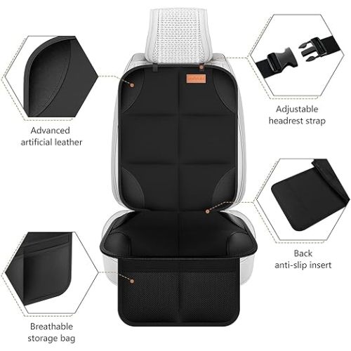 Car Seat Protector, [1 Pack] Smart eLf Large Auto Car Seat Protectors for Child Seats with Thickest Padding and Non-Slip Backing Mesh Pockets for SUV, Sedan, Truck, Leather and Fabric Car Seat