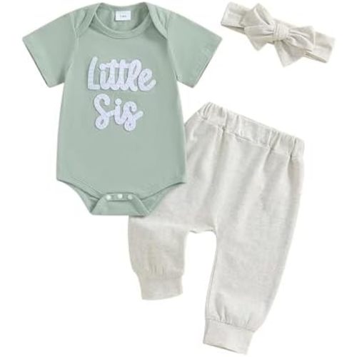 Little Sister Newborn Outfit Baby Girl Letter Embroidered Romper+Pants 3Pcs Layette Set Newborn Coming Home Outfit
