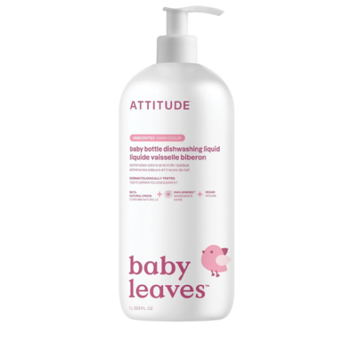 ATTITUDE Baby Dish Soap and Bottle Cleaner, EWG Verified Dishwashing Liquid, No Added Dyes or Fragrances, Tough on Milk Residue and Grease, Vegan, Unscented, 33.8 Fl Oz