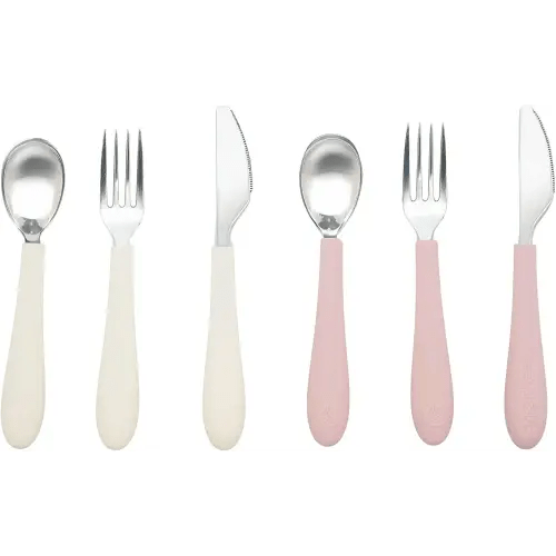 Kids Stainless Steel Utensils Set - Premium 18/8 Grade Silverware Kit - 2 Spoons, 2 Forks, and 2 Knives for Ages 4-7 - Silicone Easy-Grip Handles - Children Flatware Cutlery (Matte - Pink, Off White)