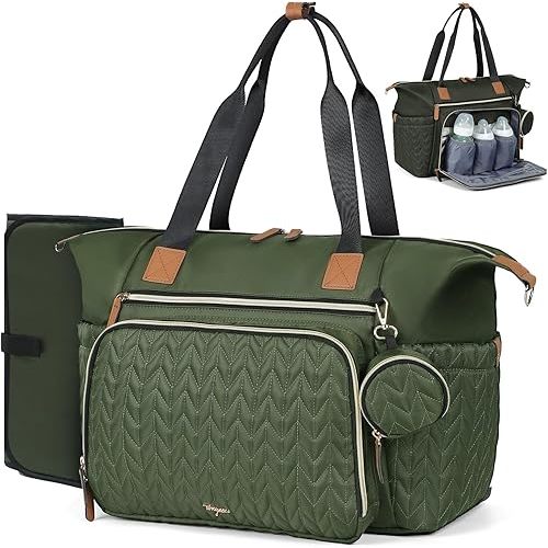 Diaper Bag Tote, Large Diaper Bags Waterproof, Hospital Bag for Labor Delivery, Baby Bag with Pacifier Case, Travel Diaper Tote with Changing Pad, Dark Green