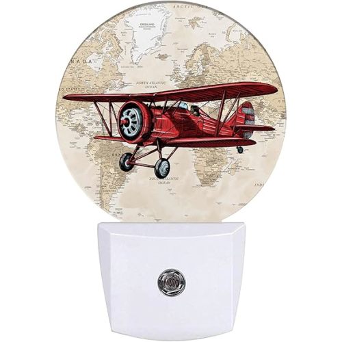 Vintage Airplane Night Light World Map Night Lights LED Lamp Round Plug into Wall Nightlight with Dusk to Dawn Sensor Home Hallway Stairway Kitchen Decor