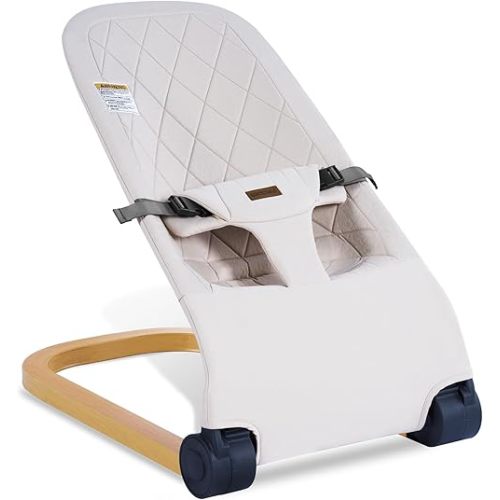 Baby Bouncer,Portable Baby Bouncer seat for Babies Newborn Bouncer Seat with 3-Point Harness.Ergonomic Design Infants Bouncy seat with Cotton Fabric Wood Grain,Natural Vibrations (Beige)