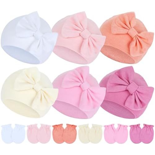 Cinaci 6 Pieces Baby Bow Turban Hats and Mittens
