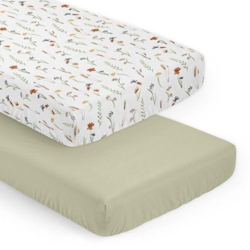 Sweet Jojo Designs Girl Fitted Crib Sheets Set Watercolor Floral Garden Green Orange and Beige 2pc