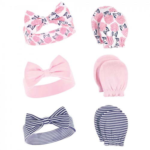 Hudson Baby Infant Girl Cotton Headband and Scratch Mitten 6pc Set, Navy Pink Floral, 0-6 Months