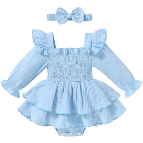 YOUNGER TREE Baby Girl Fall Clothes Infant Long Sleeve Ruffle Romper Dress with Headband Cute Toddler Winter Outfits