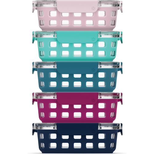 Ello Duraglass 3.4 Cup Meal Prep Sets 10Pc, 5 Pack Set- Glass Food Storage Container with Silicone Sleeve and Airtight BPA-Free Plastic Lids, Dishwasher, Microwave, and Freezer Safe, Evening Orchard
