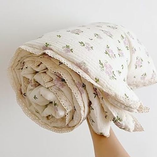 BuLuTu Purple Flower Baby Quilts for Kids Toddler Muslin Comforter Large Thin Summer Quilt for Crib/Cradle/Cot/Toddler Bed, Floral Muslin Toddler Blanket Purple Perilla Pattern, 79x59 Inch
