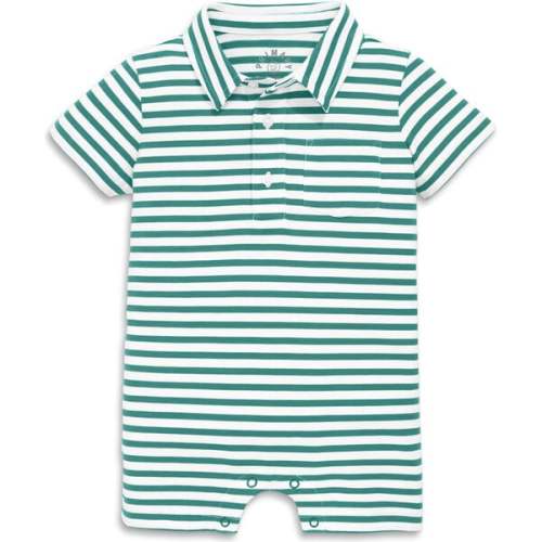 Baby Polo Shortie In Mini Stripe, Sunwashed Teal White Stripe - Primary | Maisonette