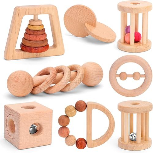 8 Pieces Montessori Baby Wooden Toys for 0-6-12 Months Babies, Wood Rattles and Teethers Toy Set with Bells for Newborn Infant Boys and Girls Gifts