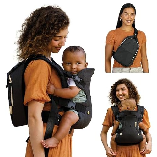 Infantino Flip 4-in-1 Convertible Baby Carrier & Crossbody Diaper Bag - Grow-with-Me Carrier with Attachable Crossbody Diaper Bag, Black and Gold, 2-Piece Set