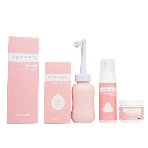 Popped New Mom Care Bundle & Baby Shower Gift Set - Peri Bottle, Witch Hazel Foam, Organic Nipple Balm, Hot/Cold Packs (2 Count) | Postpartum Essentials Bundle