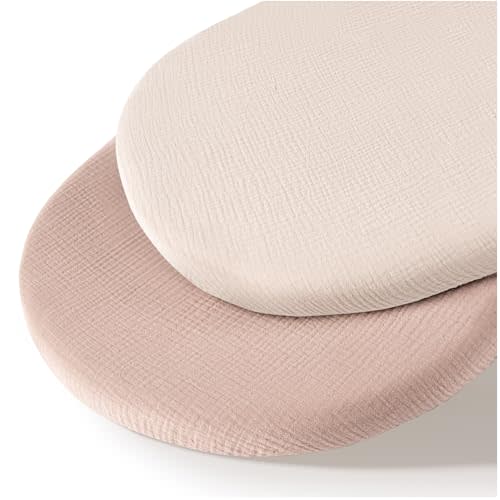 MairMore Muslin Bassinet Sheets for Babies – Soft & Breathable 100% Cotton Fitted Sheets for Oval, Rectangle, Hourglass Bassinet Mattress Pads, 2-Pack (Ivory & Pink)