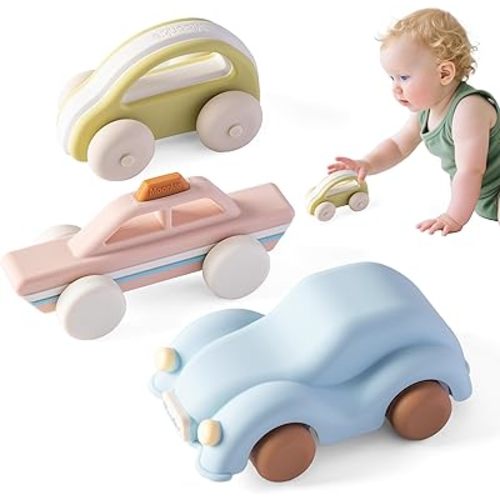 Moonkie Food-Grade Silicone Toy Cars for Toddlers 6M+ | Push & Go Baby Vehicles | One-Piece Safe Design, Easy to Clean & Grasp | Perfect 1st Birthday Gift | 3-Pack