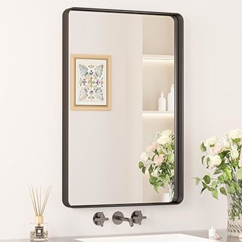 Keonjinn Black Bathroom Mirrors for Over Sink, 20 x 30 Inch Rounded Rectangle Bathroom Vanity Mirror for Wall, Matte Black Farmhouse Mirror with Seamless Frame, HD Tempered Glass(Horizontal/Vertical)