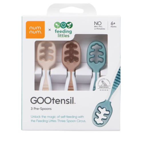 NumNum Baby Spoons Set, Feeding Littles x Silicone Pre-Spoon GOOtensils for Baby Led Weaning, Self-Feeding & Teething, First Stage Toddler Utensils for Ages 6+ Months, 3-Pack, BPA-Free (Neutrals)