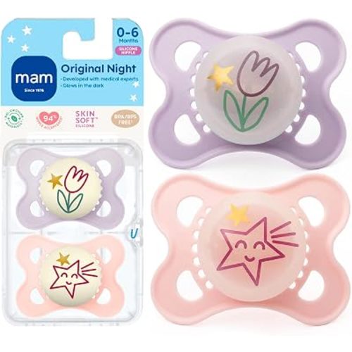 MAM Original Baby Pacifiers 0-6 Months, Glows in The Dark, 2 Pack