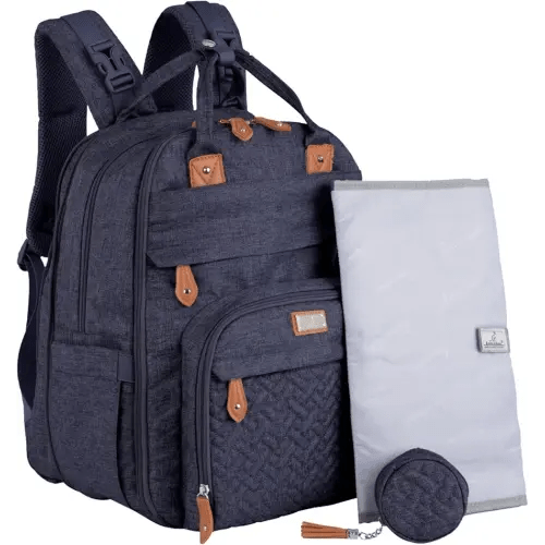 BabbleRoo Extra Large Diaper Bag Backpack, Expandable Baby Bag with Up to 50% More Capacity - Travel Essentials Baby Bag Tote with Changing Pad, Stroller Straps & Pacifier Case - Unisex, Denim Blue