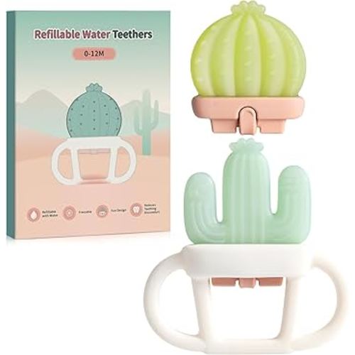 2 Pcs Baby Teether Toy - Water Fillable Teething Relief for Infants 0-12 Months, Silicone Baby Teething Toys Chill Teether, Cools & Massages Sore Gums (Green Cactus)
